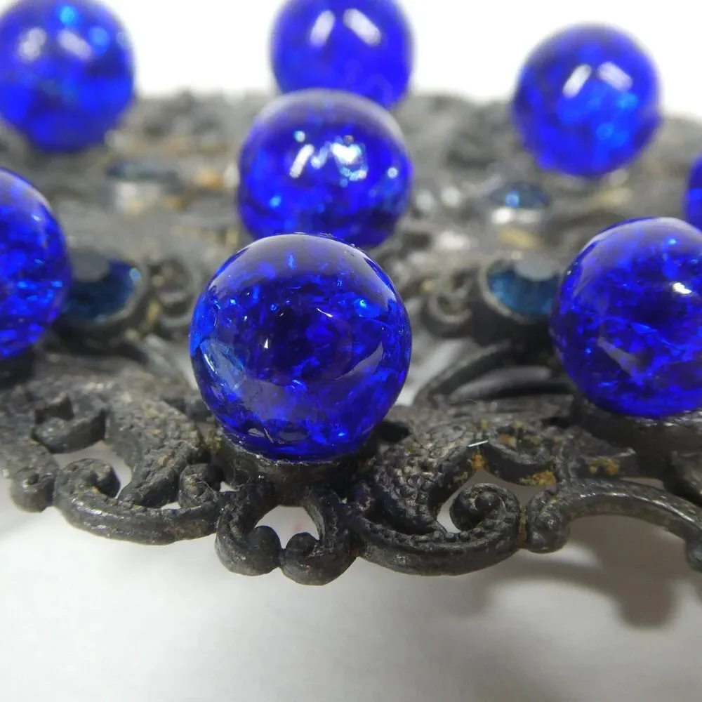 Silver Filigree Blue Rhinestone & Glass Crystal Brooch Antique Pin Czech?